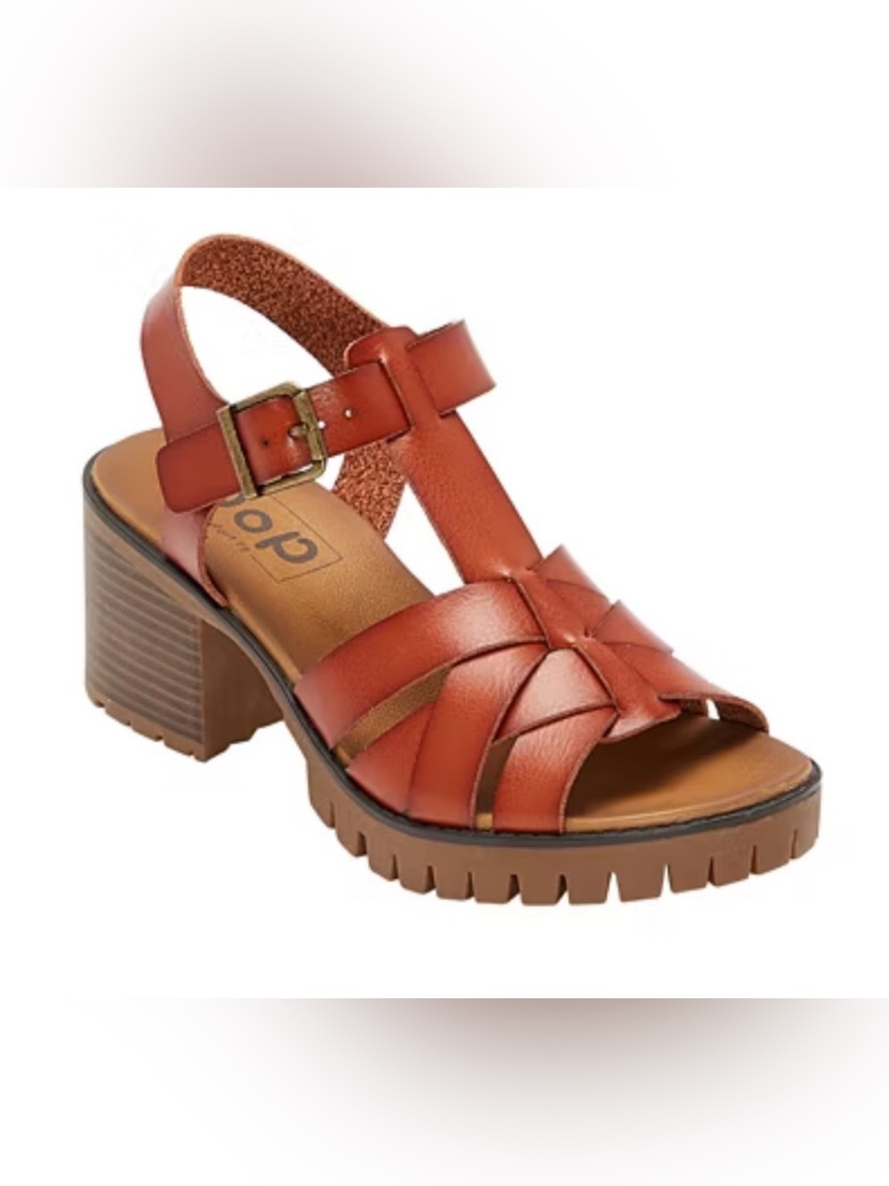 pop Brown Leather Block Heel Sandal with Buckle